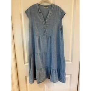 Francesca Bettini 100% Linen Tiered Dress Blue Italy Cap Sleeve V-Neck Medium M